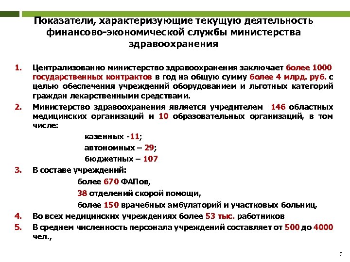 Показатели, характеризующие текущую деятельность финансово-экономической службы министерства здравоохранения 1. 2. 3. 4. 5. Централизованно