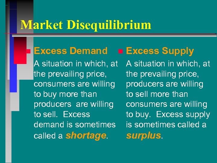 Market Disequilibrium n Excess Demand A situation in which, at the prevailing price, consumers