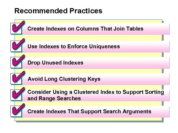 Recommended Practices Create Indexes on Columns That Join Tables Use Indexes to Enforce Uniqueness