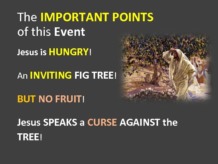 The IMPORTANT POINTS of this Event Jesus is HUNGRY! An INVITING FIG TREE! BUT