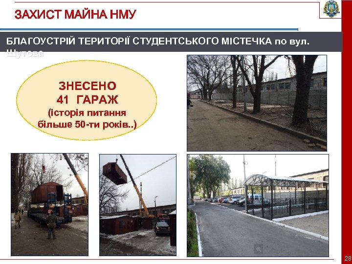 ЗАХИСТ МАЙНА НМУ БЛАГОУСТРІЙ ТЕРИТОРІЇ СТУДЕНТСЬКОГО МІСТЕЧКА по вул. Шутова ЗНЕСЕНО 41 ГАРАЖ (історія
