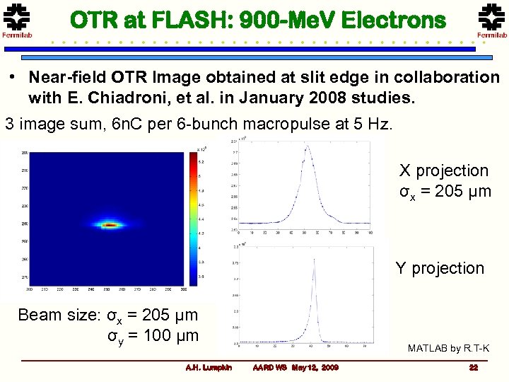 OTR at FLASH: 900 -Me. V Electrons • Near-field OTR Image obtained at slit