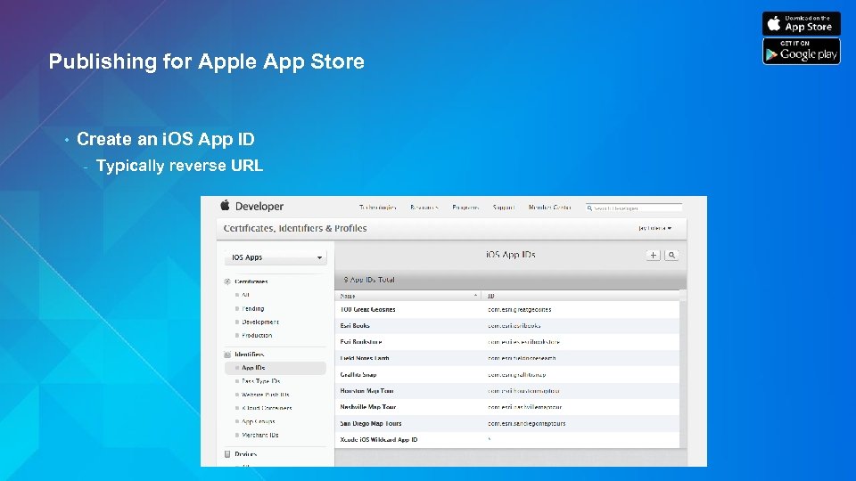Publishing for Apple App Store • Create an i. OS App ID - Typically