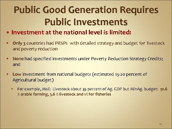 Public Good Generation Requires Public Investments Investment at the national level is limited: §