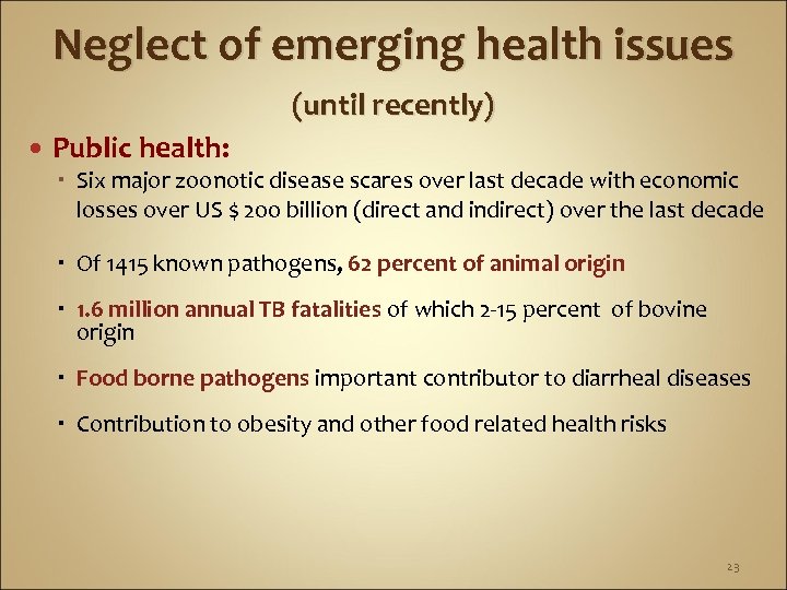 Neglect of emerging health issues (until recently) Public health: Six major zoonotic disease scares