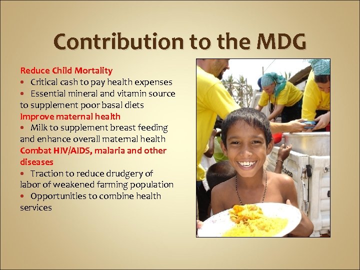 Contribution to the MDG Reduce Child Mortality Critical cash to pay health expenses Essential