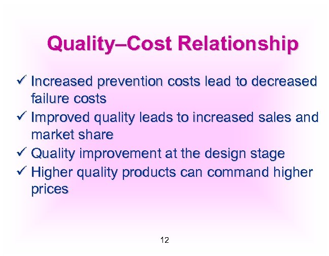Quality–Cost Relationship ü Increased prevention costs lead to decreased failure costs ü Improved quality