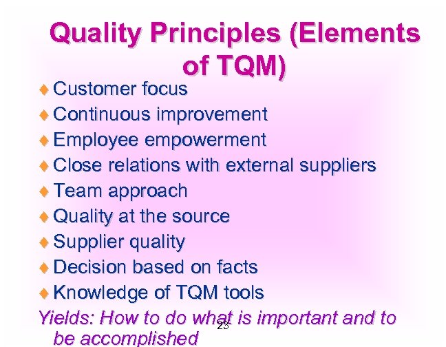 Quality Principles (Elements of TQM) ¨ Customer focus ¨ Continuous improvement ¨ Employee empowerment