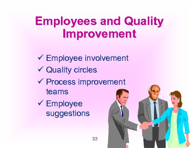 Employees and Quality Improvement ü Employee involvement ü Quality circles ü Process improvement teams