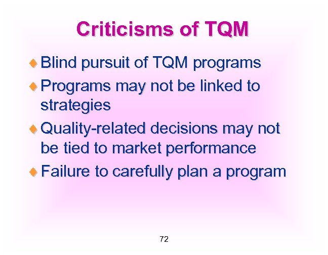 Criticisms of TQM ¨ Blind pursuit of TQM programs ¨ Programs may not be