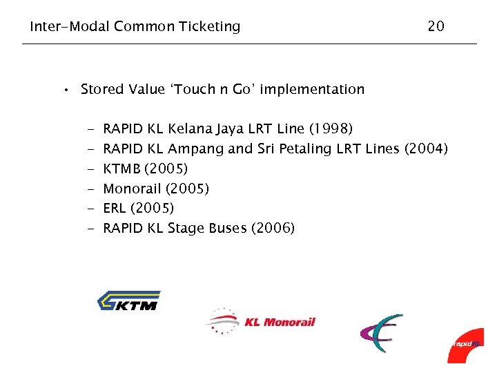 Inter-Modal Common Ticketing 20 • Stored Value ‘Touch n Go’ implementation - RAPID KL