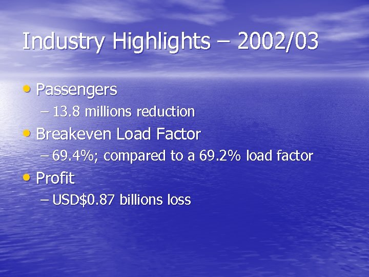 Industry Highlights – 2002/03 • Passengers – 13. 8 millions reduction • Breakeven Load