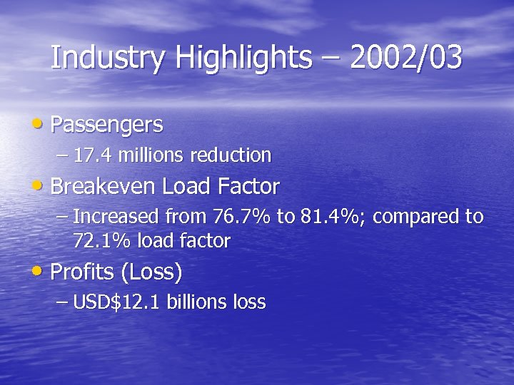 Industry Highlights – 2002/03 • Passengers – 17. 4 millions reduction • Breakeven Load