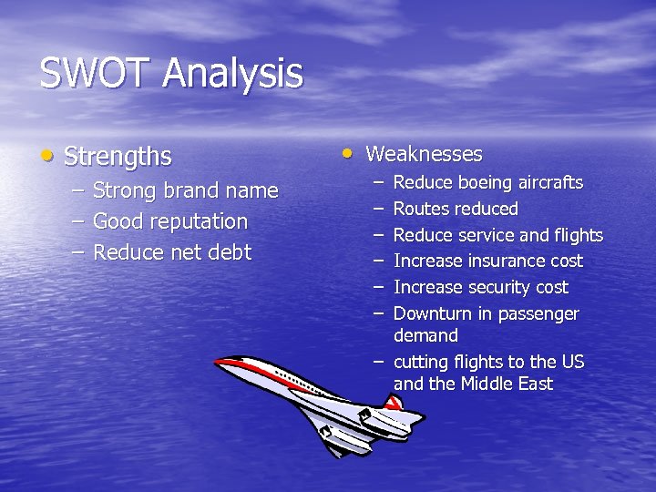SWOT Analysis • Strengths – – – Strong brand name Good reputation Reduce net
