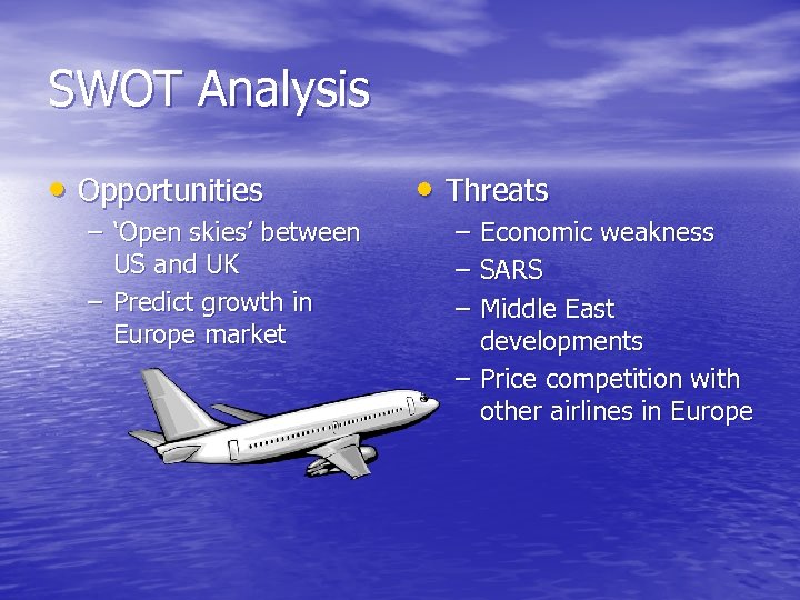 SWOT Analysis • Opportunities – ‘Open skies’ between US and UK – Predict growth