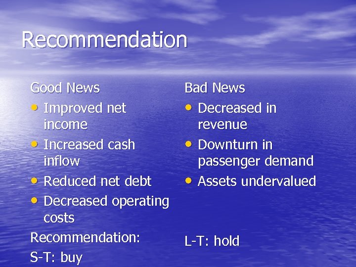 Recommendation Good News • Improved net income • Increased cash inflow • Reduced net
