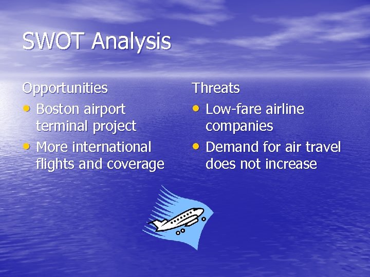 SWOT Analysis Opportunities • Boston airport terminal project • More international flights and coverage