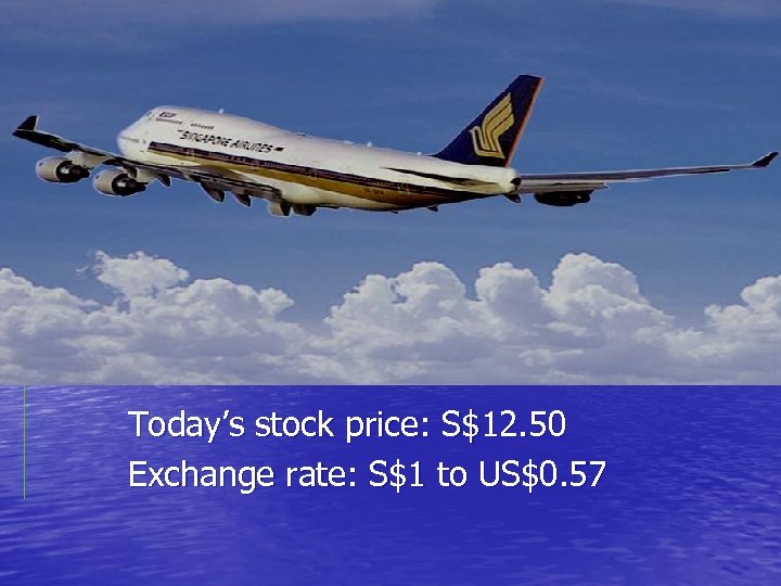 Today’s stock price: S$12. 50 Exchange rate: S$1 to US$0. 57 