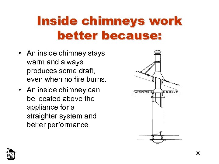 Inside chimneys work better because: • An inside chimney stays warm and always produces