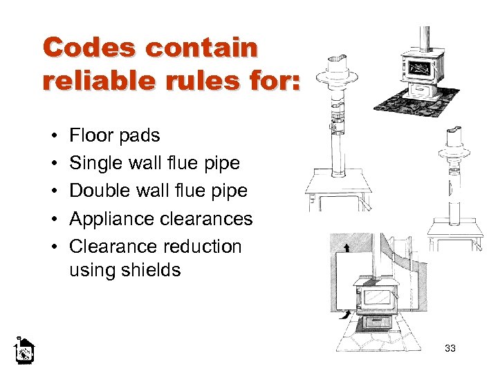 Codes contain reliable rules for: • • • Floor pads Single wall flue pipe