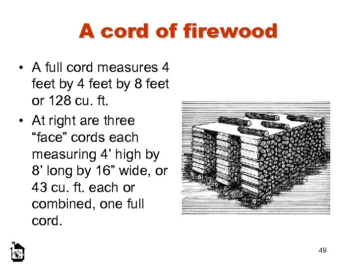 A cord of firewood • A full cord measures 4 feet by 8 feet