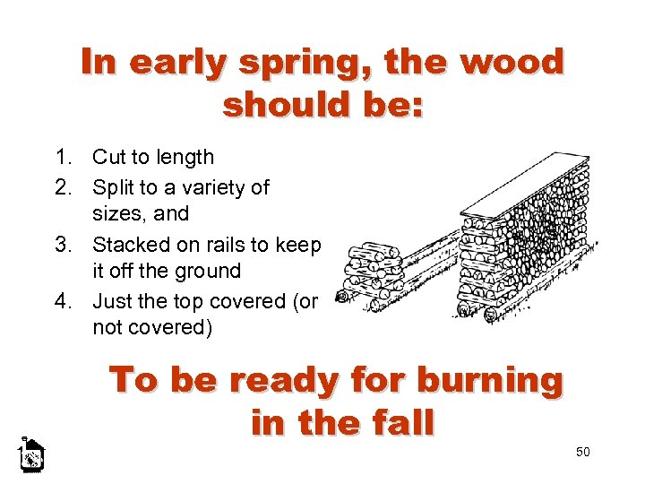 In early spring, the wood should be: 1. Cut to length 2. Split to