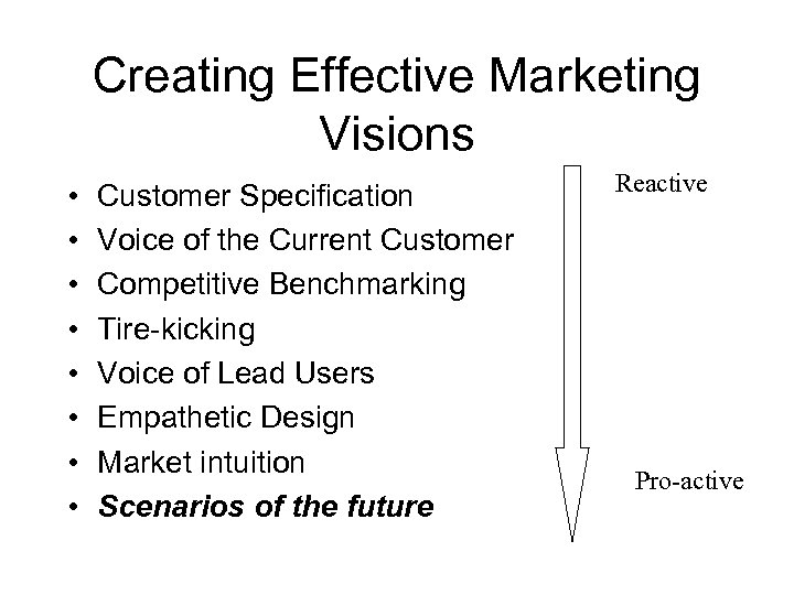 Creating Effective Marketing Visions • • Customer Specification Voice of the Current Customer Competitive
