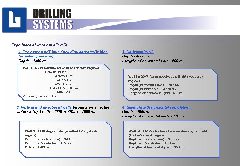 Experience of working: oil wells. 1. Exploration drill hole (including abnormally high formation pressure).