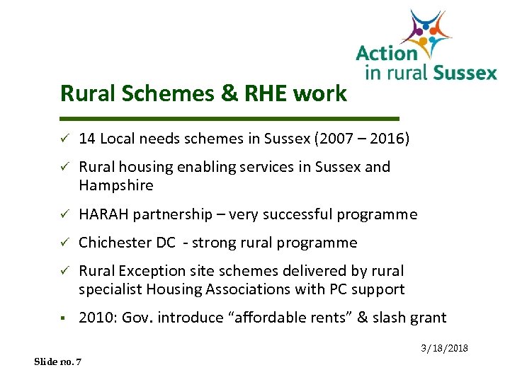 Rural Schemes & RHE work ü 14 Local needs schemes in Sussex (2007 –