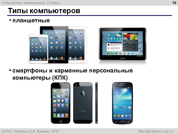 Устройство компьютера, 10 класс 16 Типы компьютеров • планшетные • смартфоны и карманные персональные