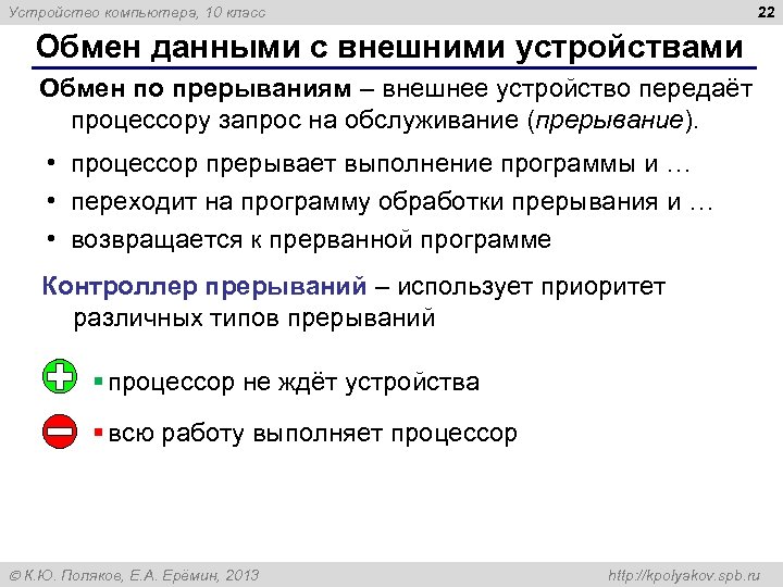 22 Устройство компьютера, 10 класс Обмен данными с внешними устройствами Обмен по прерываниям –