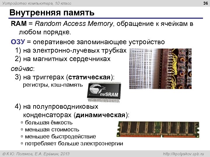 36 Устройство компьютера, 10 класс Внутренняя память RAM = Random Access Memory, обращение к