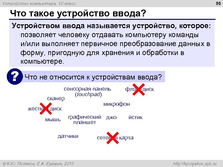 50 Устройство компьютера, 10 класс Что такое устройство ввода? Устройством ввода называется устройство, которое: