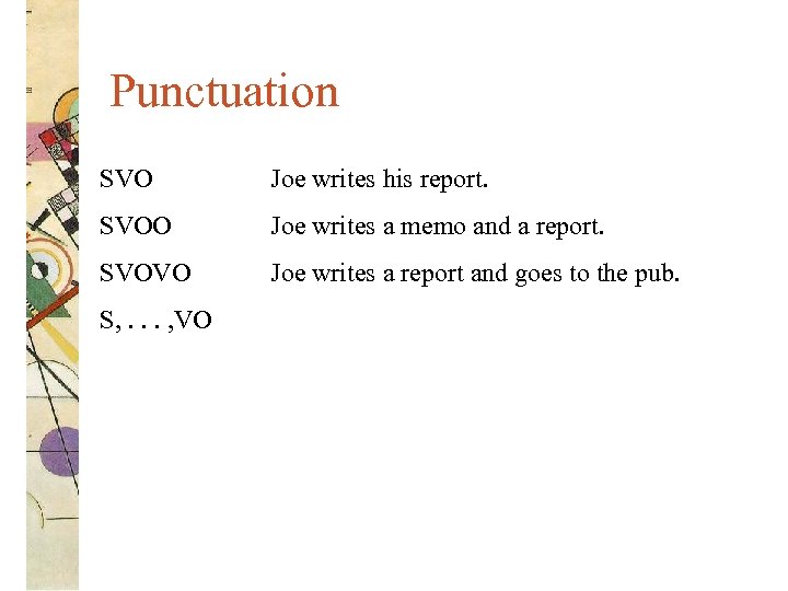 Punctuation SVO Joe writes his report. SVOO Joe writes a memo and a report.