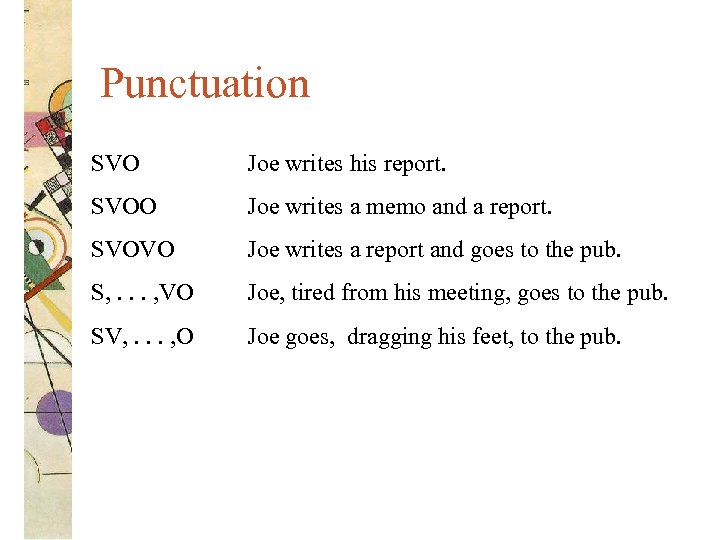 Punctuation SVO Joe writes his report. SVOO Joe writes a memo and a report.