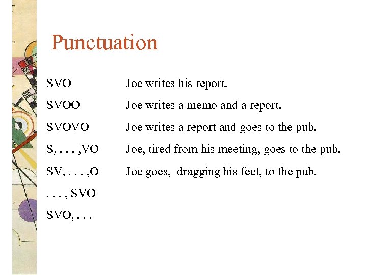 Punctuation SVO Joe writes his report. SVOO Joe writes a memo and a report.