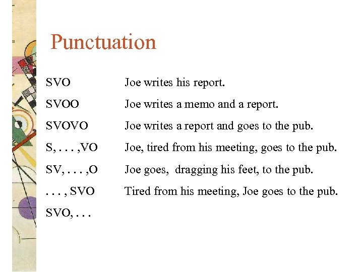 Punctuation SVO Joe writes his report. SVOO Joe writes a memo and a report.