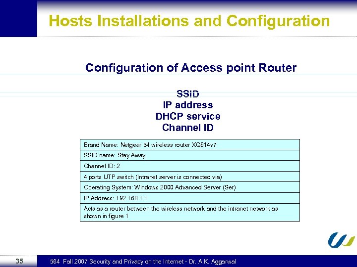 Hosts Installations and Configuration of Access point Router SSID IP address DHCP service Channel