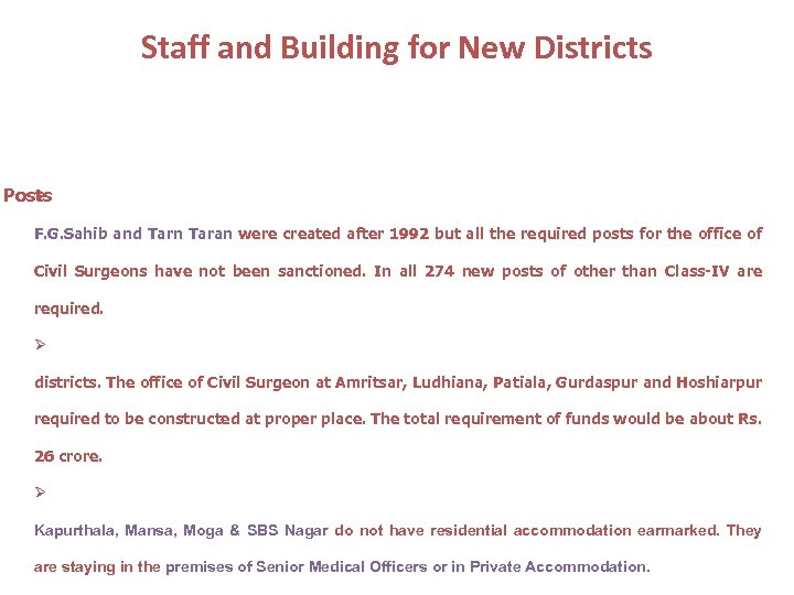 Staff and Building for New Districts Posts F. G. Sahib and Tarn Taran were