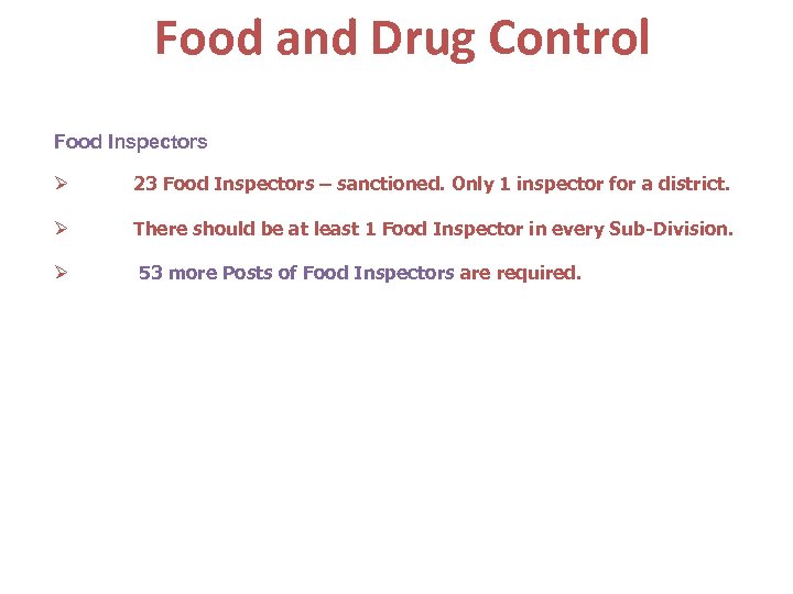 Food and Drug Control Food Inspectors 23 Food Inspectors – sanctioned. Only 1 inspector