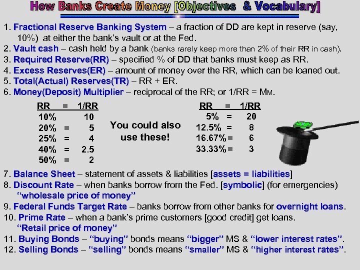 1. Fractional Reserve Banking System – a fraction of DD are kept in reserve