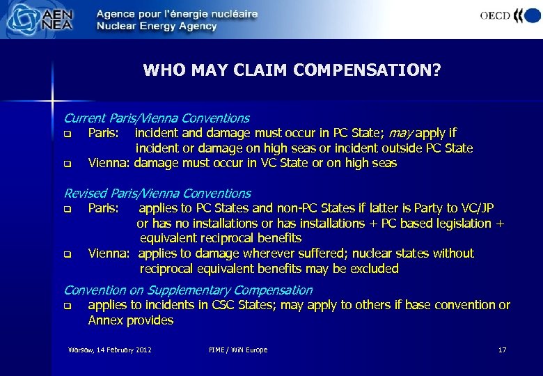 WHO MAY CLAIM COMPENSATION? Current Paris/Vienna Conventions q q incident and damage must occur