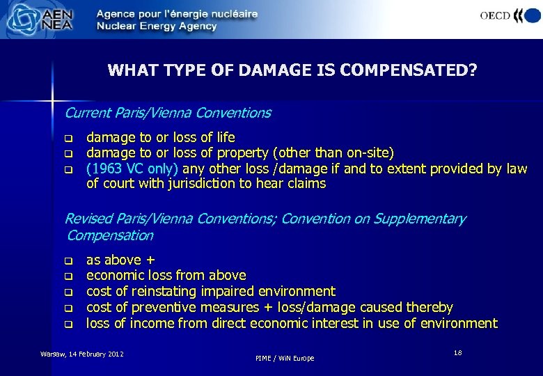 WHAT TYPE OF DAMAGE IS COMPENSATED? Current Paris/Vienna Conventions q q q damage to