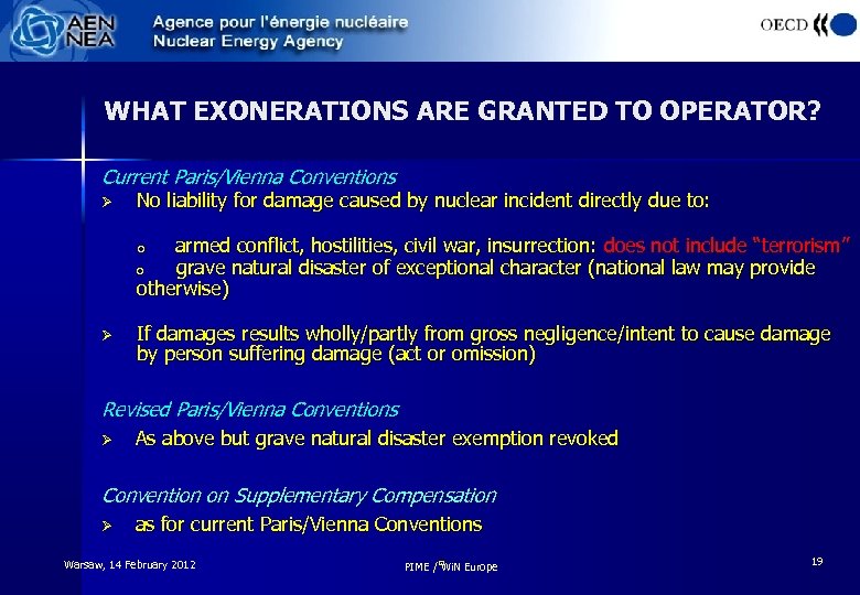 WHAT EXONERATIONS ARE GRANTED TO OPERATOR? Current Paris/Vienna Conventions Ø No liability for damage