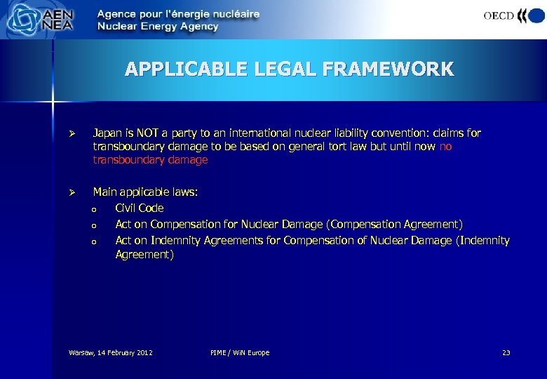 APPLICABLE LEGAL FRAMEWORK Ø Japan is NOT a party to an international nuclear liability