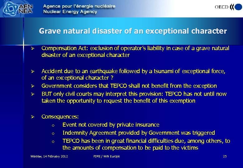 Grave natural disaster of an exceptional character Ø Compensation Act: exclusion of operator’s liability