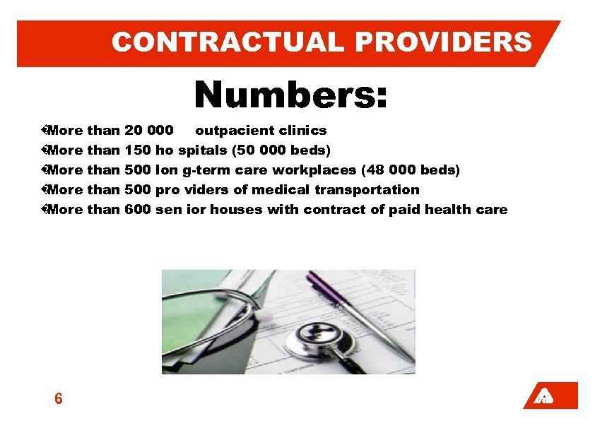 CONTRACTUAL PROVIDERS Numbers: � More � More 6 than than 20 000 outpacient clinics