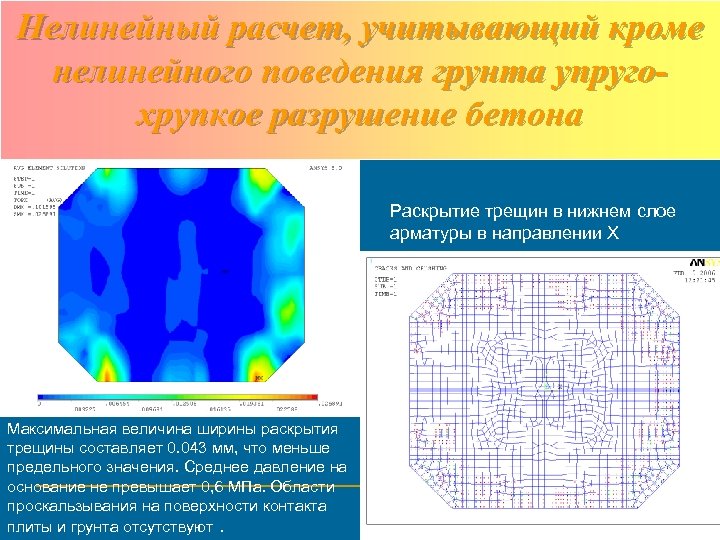 Нелинейный расчет, учитывающий кроме нелинейного поведения грунта упругохрупкое разрушение бетона Раскрытие трещин в нижнем