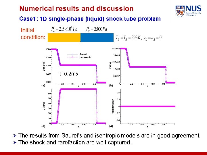 Numerical results and discussion Case 1: 1 D single-phase (liquid) shock tube problem Initial
