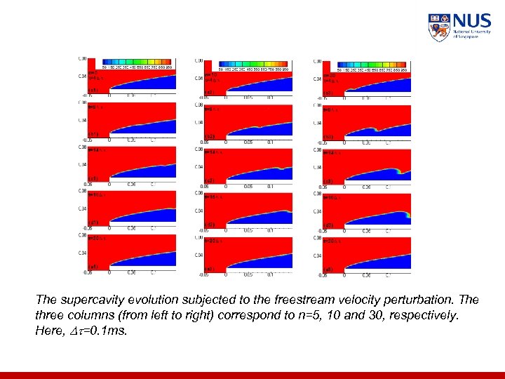 The supercavity evolution subjected to the freestream velocity perturbation. The three columns (from left
